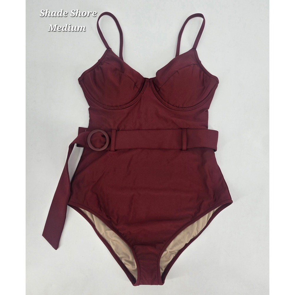 Shade & Shore Burgundy Belted One Piece Swimsuit M Underwire Retro Pinup